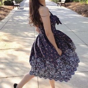 Unique Vintage 1950s Style Navy Pin Dot & Pink Floral Halter Billie Swing Dress